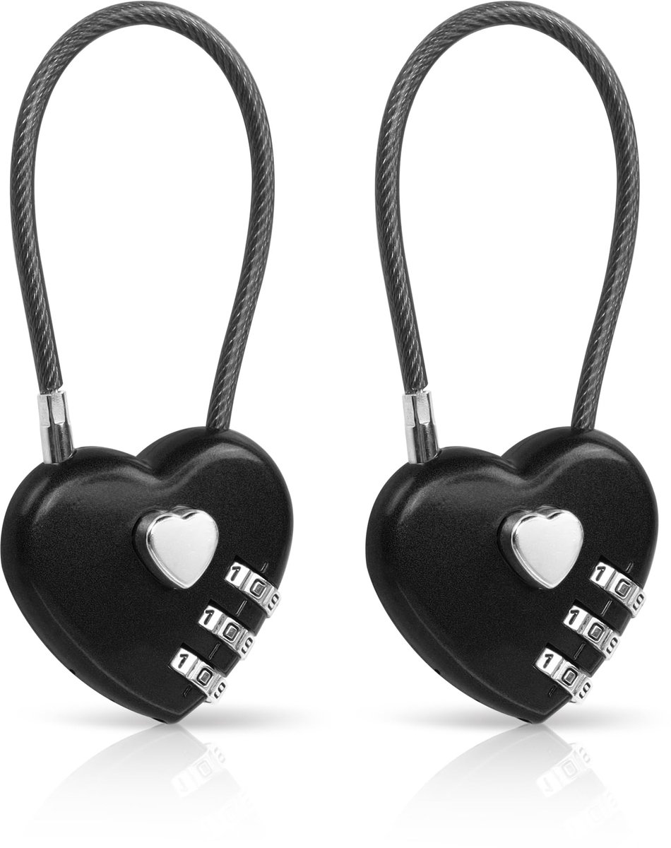 2-pack combinatieslot, 3-cijferig hartvormige hangslot voor school gym locker, TSA goedgekeurde kabelbagagesloten, sportkluisslot, bagage, hek, rugzak, Valentijnscadeau (zwart)