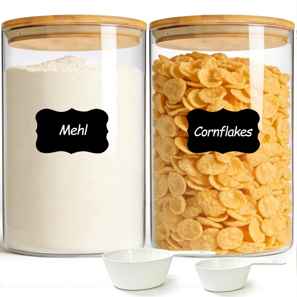 Glazen Voorraadpotten met Deksel, Glazen Potten met Deksel, Set van 2 3800ml Luchtdichte met Lepels en Labels, Geschikt Thuisgebruik Keukenorganisatie, Ideaal Granen Suiker Noten Kruiden Muesli