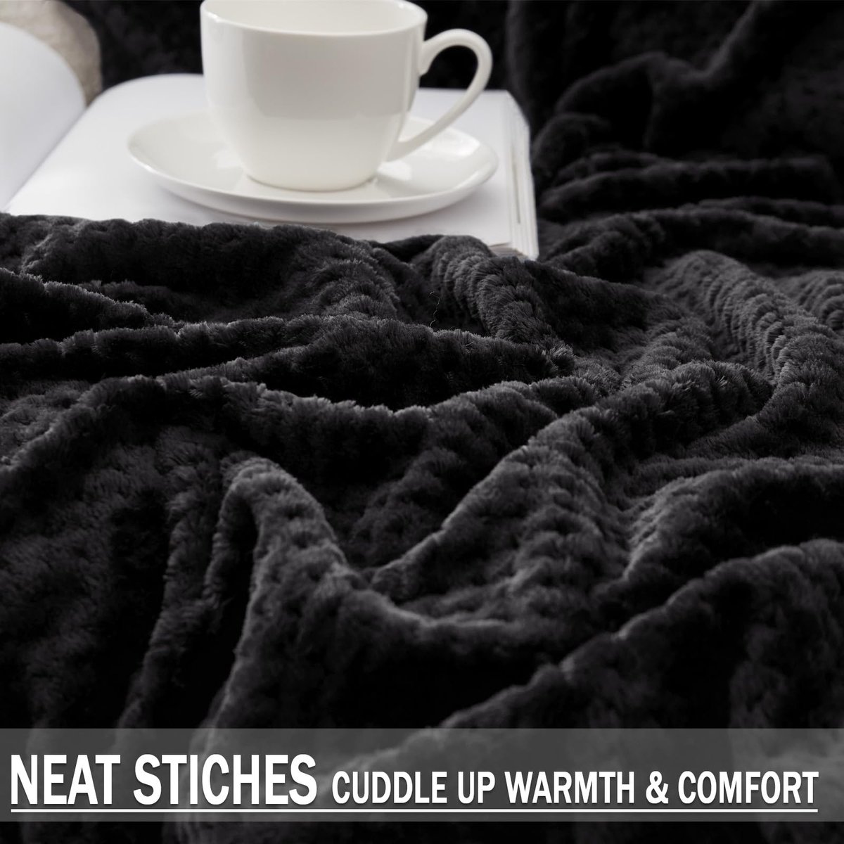 Mezcla Fleece plaid extra groot, super zacht en warme dekens voor bank, sofa en bed met wafeltextuur, gezellig, pluizig en lichtgewicht, zwart, 127x178 CM