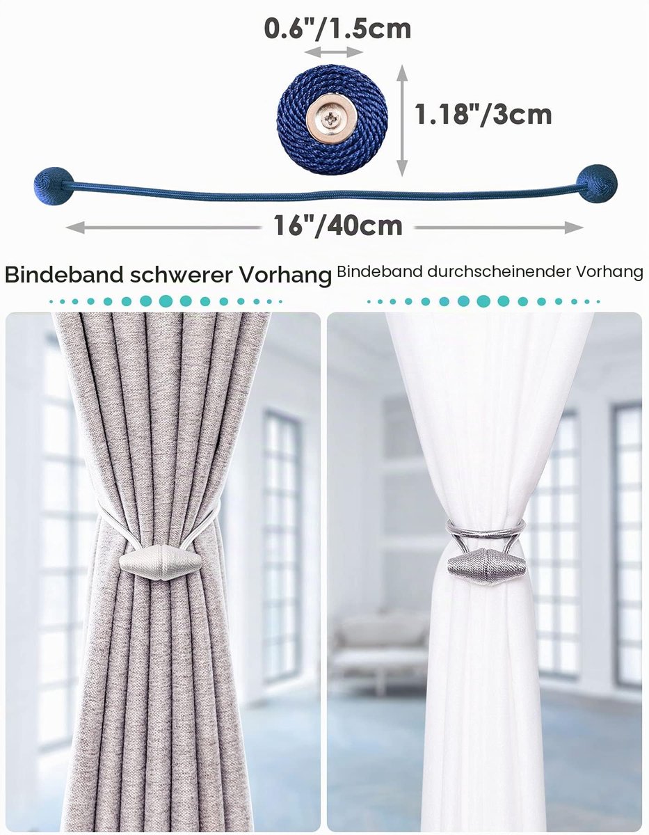 Gordijnbanden met upgrade grotere magneet, 2 stuks 40 cm gordijnhouders voor binnen en buiten gordijn - marineblauw
