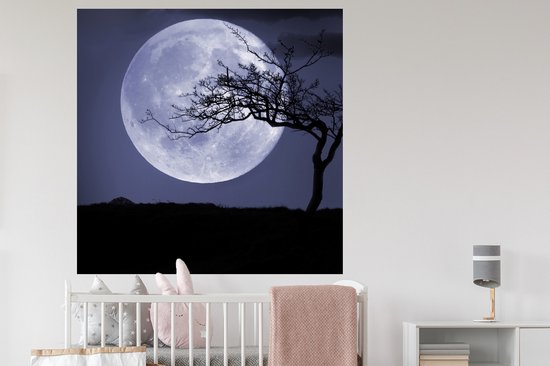 Muurstickers - Sticker Folie - Maan - Boom - Zwart - 120x120 cm - Plakfolie - Muurstickers Kinderkamer - Zelfklevend Behang XXL - Zelfklevend behangpapier - Stickerfolie
