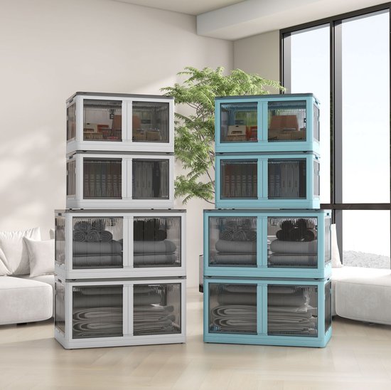 MEUNIQ opvouwbare opbergbox 69 L met wielen, stapelbare opbergkist met 5-zijdige toegang, transparante opening en deksel, 60 x 42 x 34 cm, wit — afbeelding 3