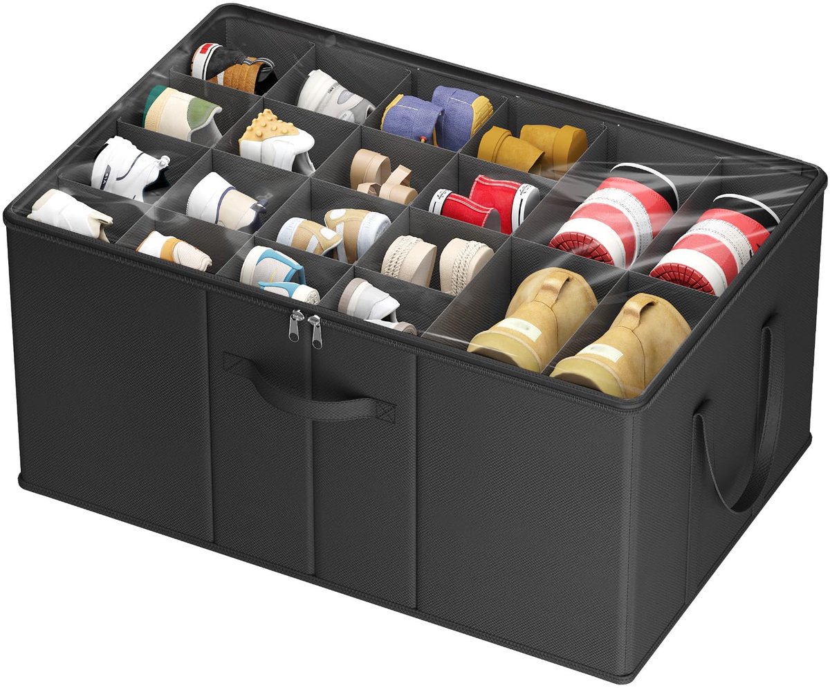 Grote schoenenorganizer voor de kledingkast, opvouwbare schoenendoos met doorzichtig deksel en versterkte handgrepen, houder geschikt voor gymschoenen, laarzen, hakken, 1 stuk, zwart