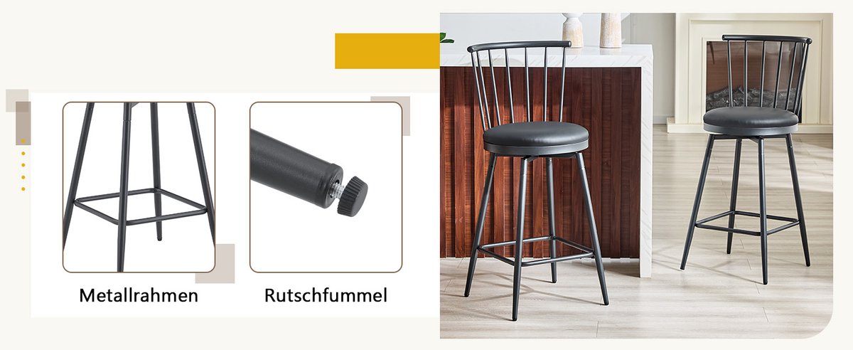 HAUSS SPOLE Barkruk - Windsor Stijl - Set Van 2 - Gewatteerde Zitting Met Rugleuning En Voetsteun - Voor Keukeneiland En Bar - Kunstleer Zwart
