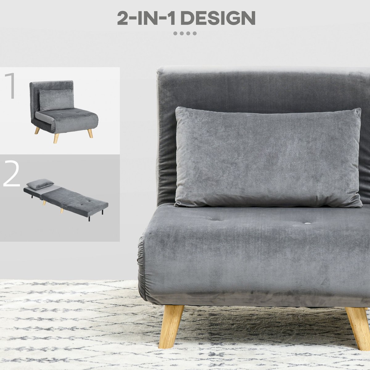 HAUSS SPOLE Fauteuil - Slaapfauteuil Met Bedfunctie - Verstelbare Rugleuning En Kussen - Voor Woonkamer En Logeerkamer - Polyester Grijs