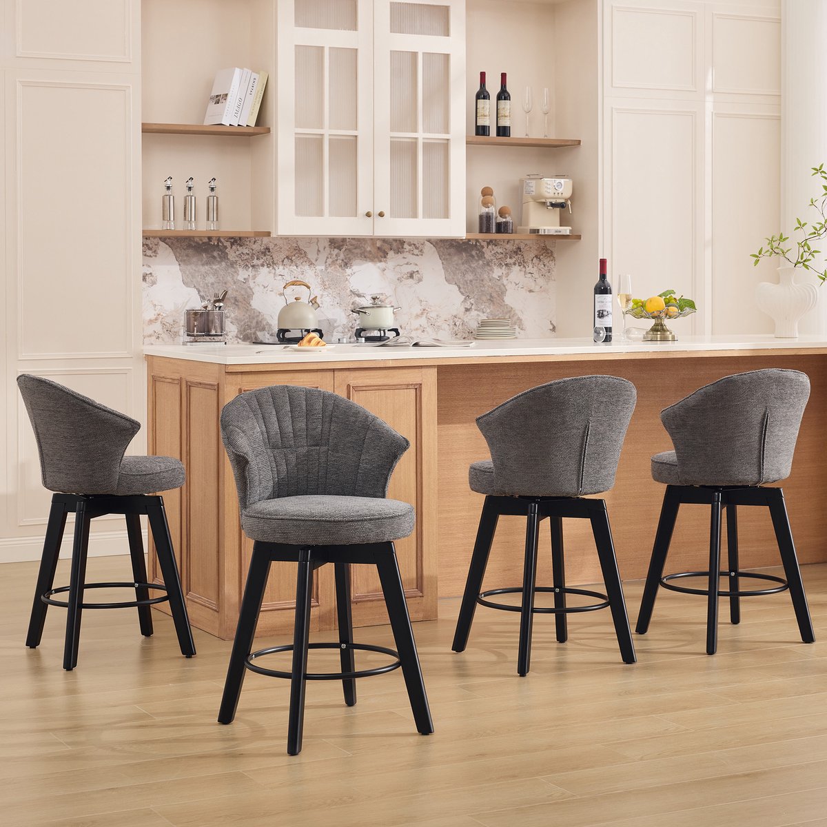 HAUSS SPOLE Barkruk - Set Van 2 - Draaibaar Met Rugleuning En Voetsteun - Voor Keukeneiland, Bar En Eetkamer - Chenille Grijs