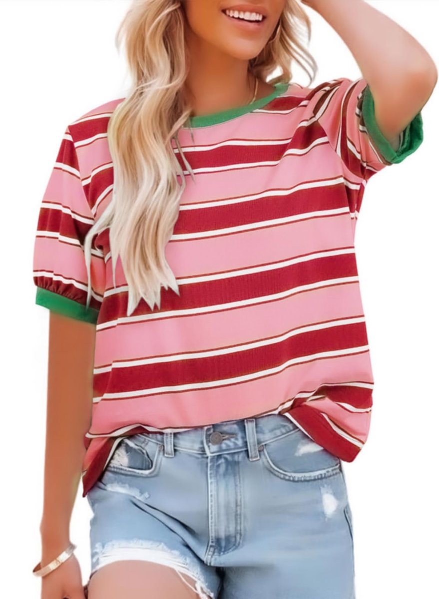 T-Shirt Dames Ronde Hals Losse Bovenkleding Kleurrijke Gestreepte Tuniek Dames Zomer Casual Katoen T-Shirt Contrast Korte Mouwen Tops
