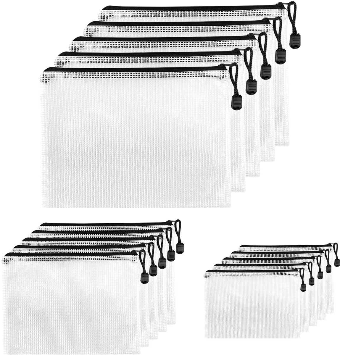 Documentenvakken met ritssluiting, A4A5A6, waterdichte documenthoes, mesh-plastic ritsvak, ritsvakken voor documenten, papier, kwitanties, cosmetica, 15 stuks, zwart