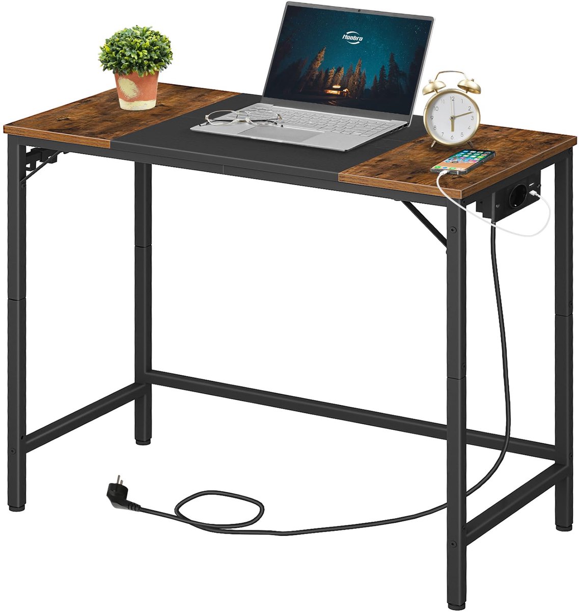 Bureau, computertafel, thuiskantoortafel met laadstation, tweekleurig tafelblad, 3 haken, industrieel, metalen frame, voor werkkamer, woonkamer, retrobruin en zwart EBF40CDN01N1