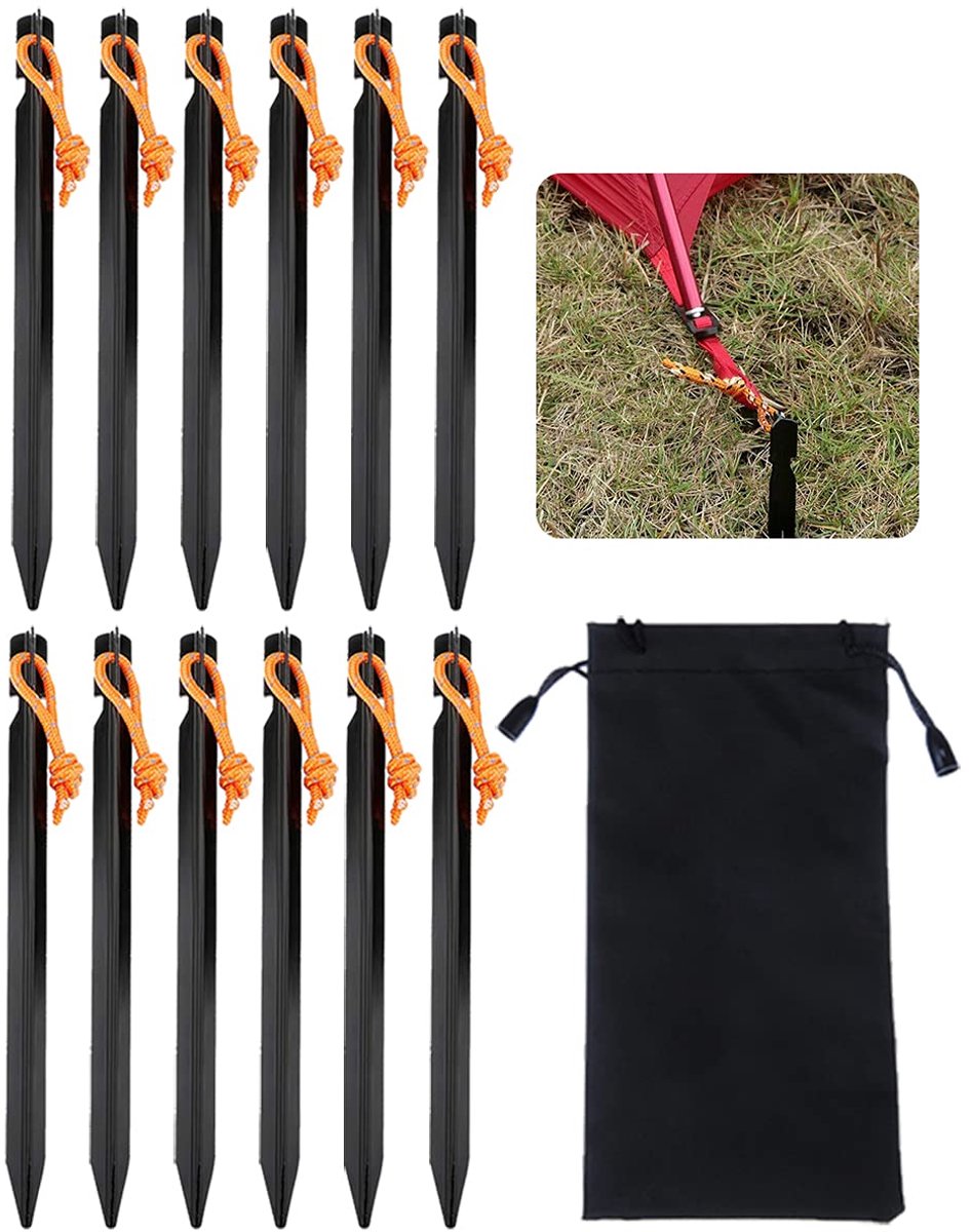 Tentharingen 12 STUKS, RSVOM lichtgewicht metalen robuuste campingtentpen met reflecterende touw, 18 cm zwarte aluminiumlegering tentpennen grondpennen spijkers voor tuinluifel wandelnetten tarp