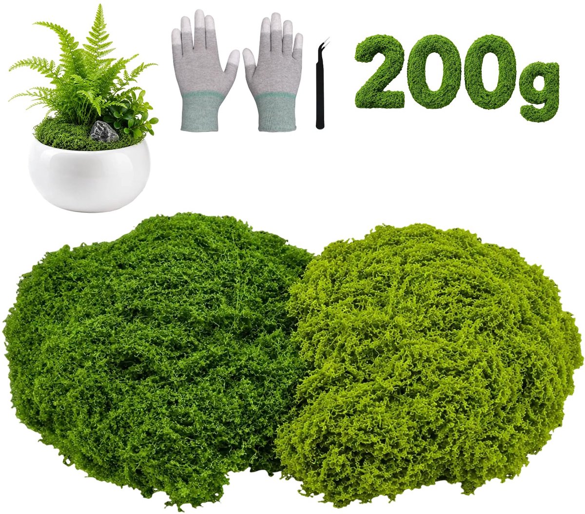 200 g kunstmos decoratie kunstmos om te versieren om te knutselen, inclusief antistatische handschoenen en metalen pincet voor muur, kerststal, bruiloft, terrarium, modelbouw (donkergroen +