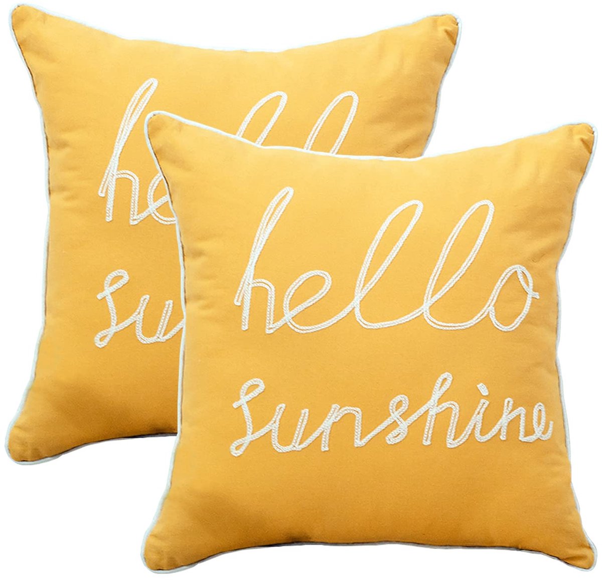 Set van 2 zachte effen decoratieve vierkante kussenhoezen geel Hello Sunshine kussen voor bank slaapkamer auto 45 x 45 cm