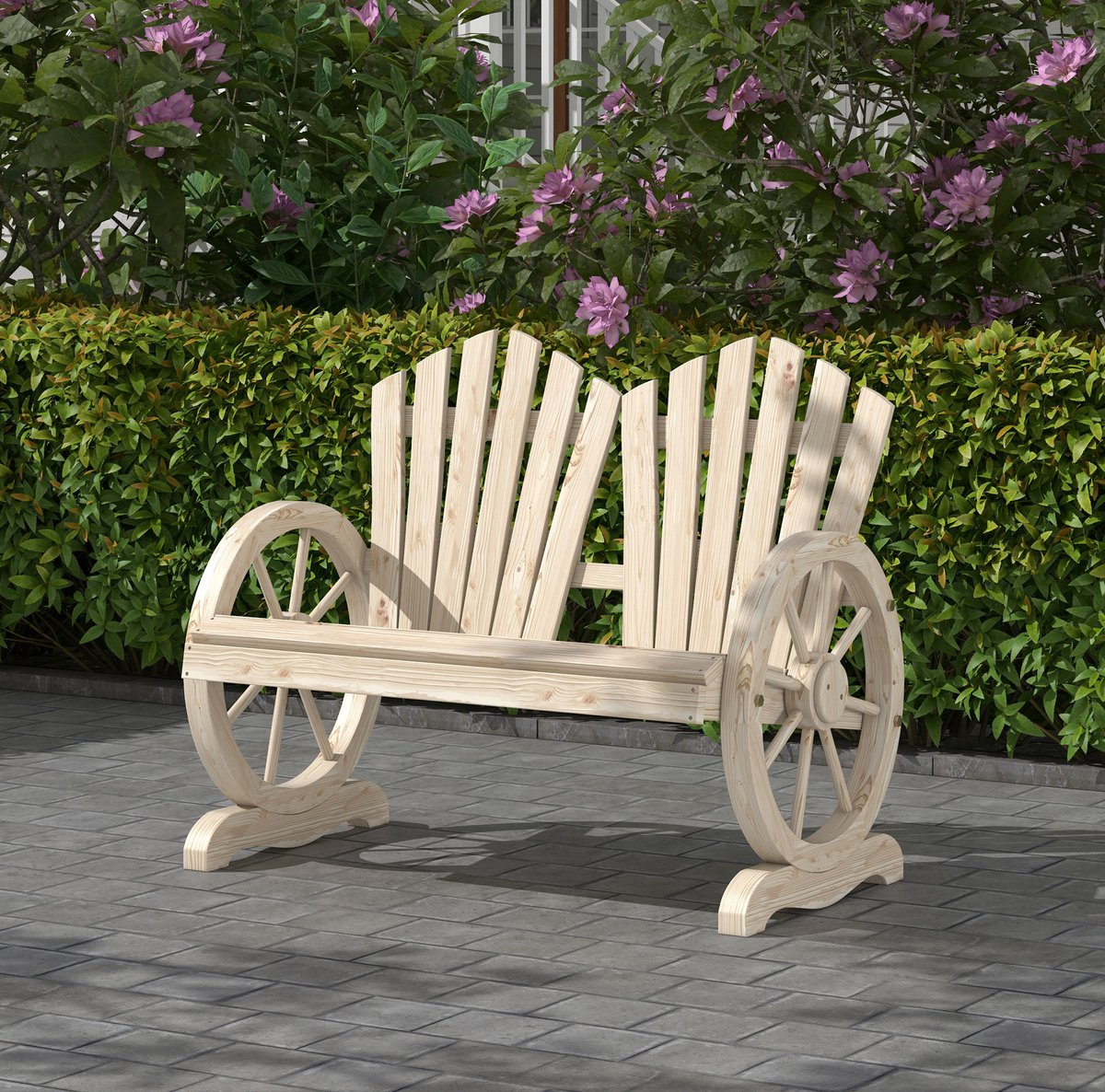 MEUNIQ Tuinbank 2-zits 108 x 66 x 95 cm met armleuningen en gebogen rugleuning, houten bank voor tuin en terras, naturel