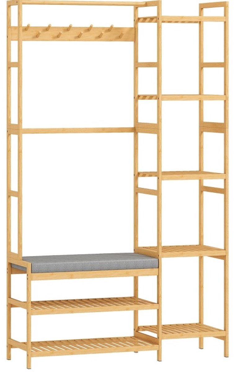 MEUNIQ Kledingrek met schoenenrek, kapstok, 10 haken, 5 open planken en bankje met kussen, bamboe garderoberek voor hal of entree, 104 x 33 x 175 cm, naturel – foto 3