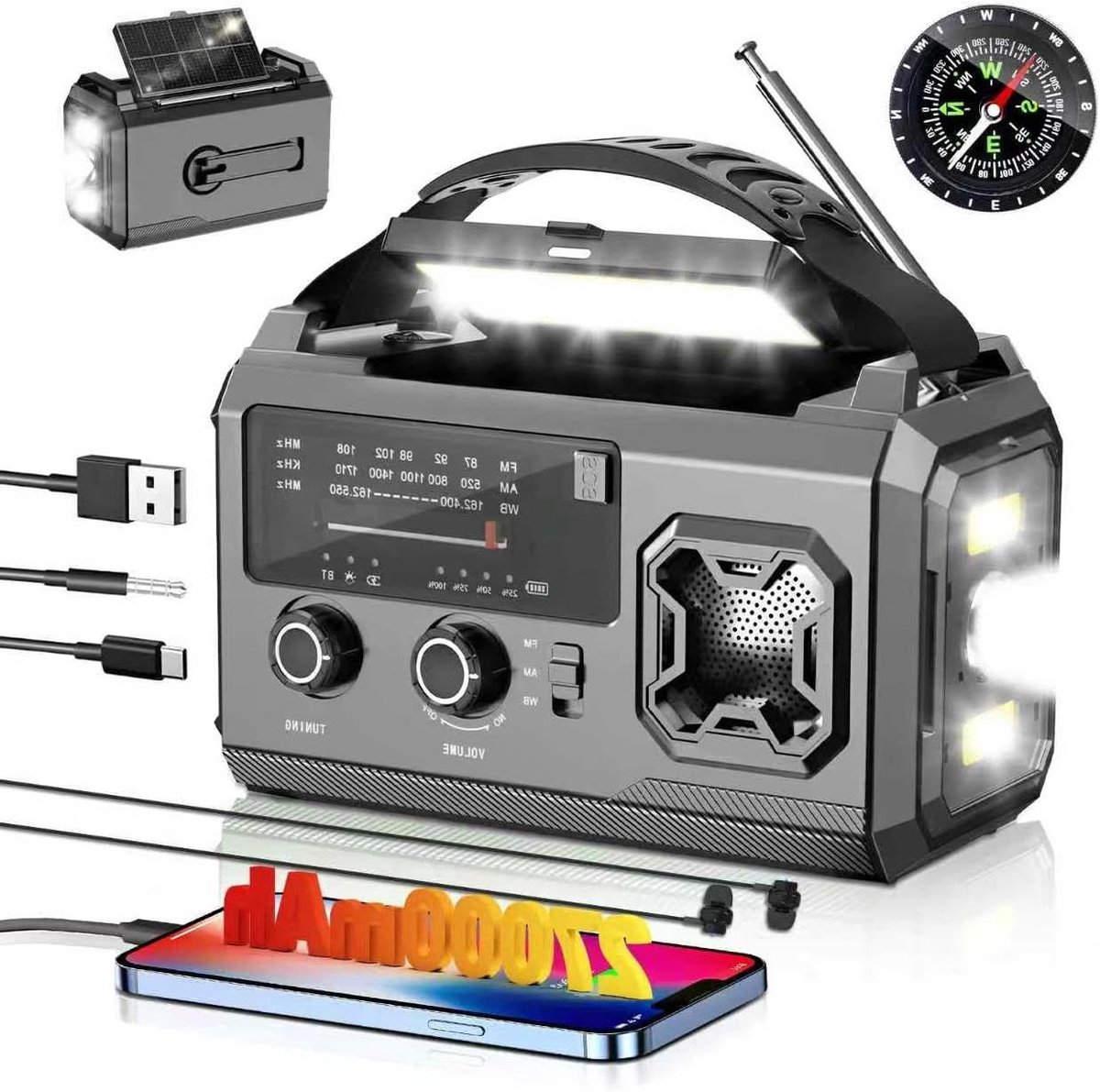 Noodradio met Bluetooth - Draagbare Zonne-radio - Outdoor Voorbereiding - Drievoudige Oplaadtechniek - 27000 mAh - Zwart