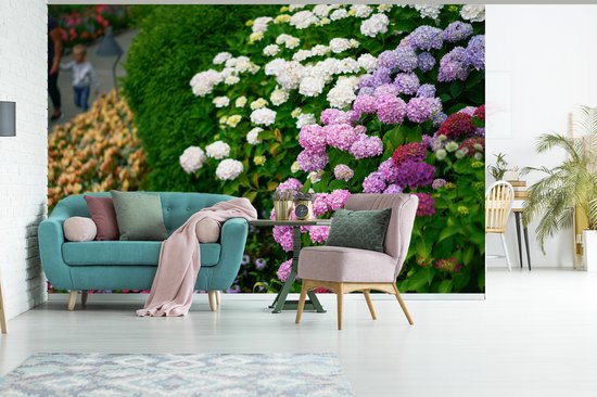 Behang - Fotobehang Levendige hortensia bloemen - Breedte 390 cm x hoogte 260 cm