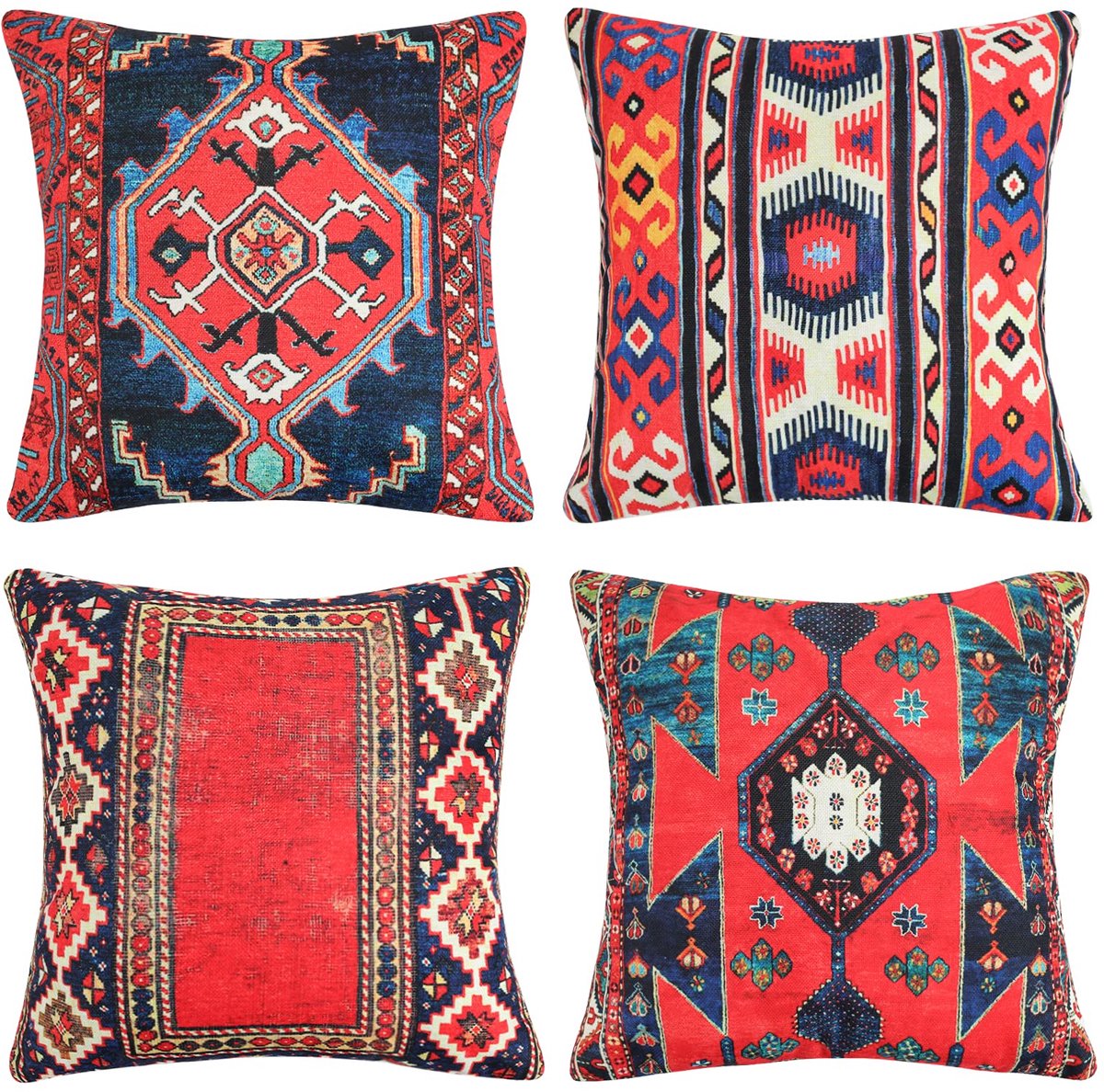 Boho 40 x 40 cm outdoor kussen bankkussen decokussen kussenhoes rood retro abstract geometrisch oosterse tapijt patroon kussenslopen voor bank slaapkamer woonkamer boerderij set van 4