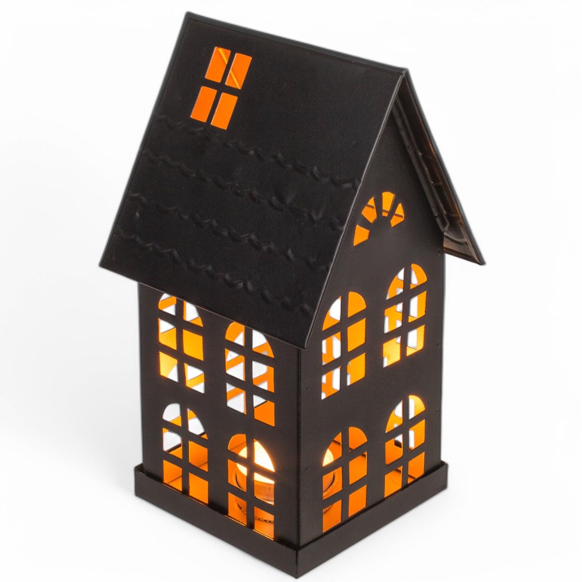 Metalen decoratieve huis zwart – stijlvolle windlichthuizen voor theelichtjes – moderne kaarsenhouder van metaal voor een gezellige sfeer (11 x 10 x 19 cm)