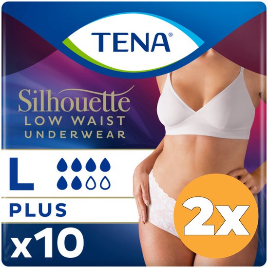 Verpakking van Tena Silhouette Plus Low Waist Underwear, maat L, 2x10 stuks. Model draagt een lichtroze, kanten broekje.