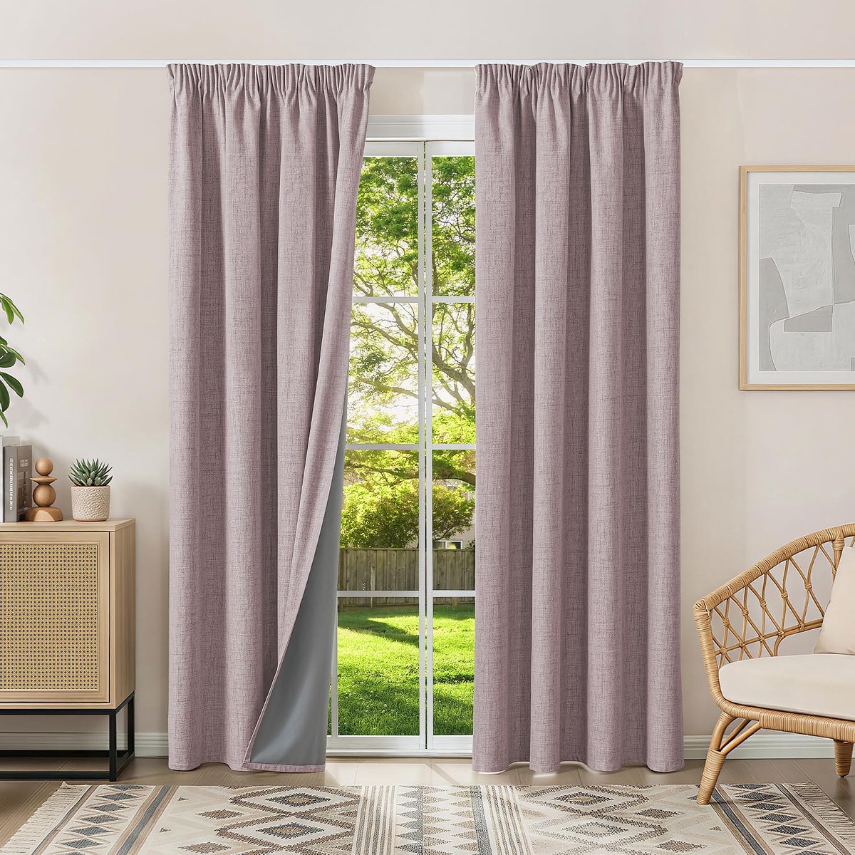 Gordijnen, thermische gordijnen, koudebescherming, gordijnen met plooiband, 200 x 140 cm (h x b), set van 2, linnenlook, gordijnen, ondoorzichtig, roze, schuifgordijnen