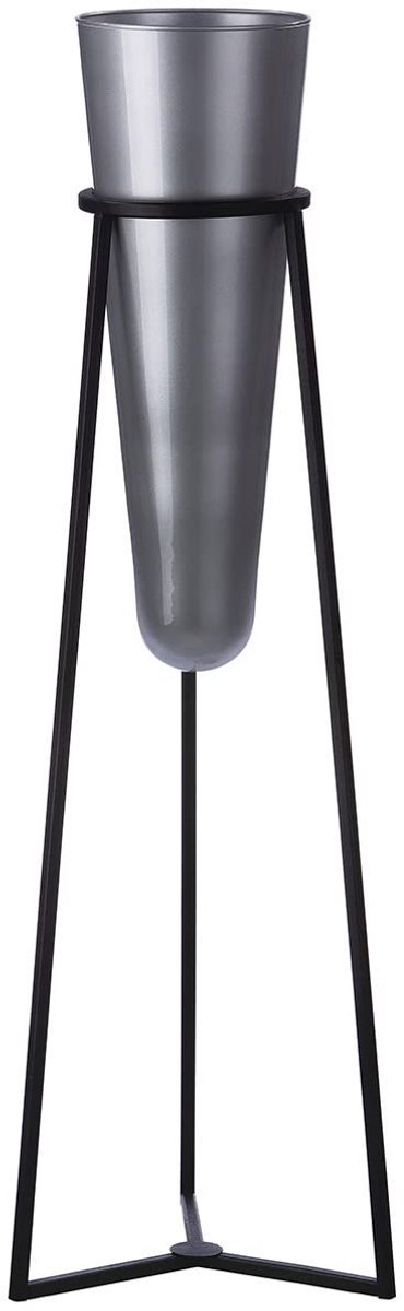 Vaas XL met metalen standaard - donkergrijze glazen vaas - zwarte metalen standaard - totale hoogte 82 cm