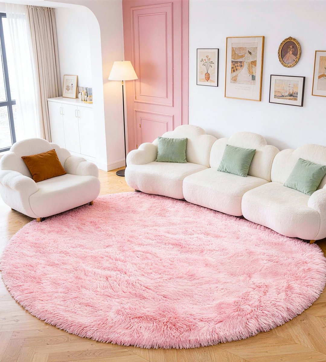 Vloerkleed voor de woonkamer, rond, 200 cm, roze, wasbaar, antislip, rond, hoogpolig tapijt, kinderkamer, slaapkamer, pluizig