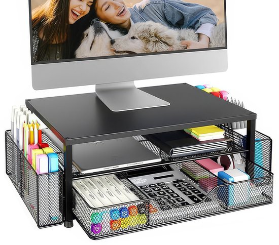 Zwarte metalen monitorstandaard met lade, pennenbakjes, toetsenbord en calculator.