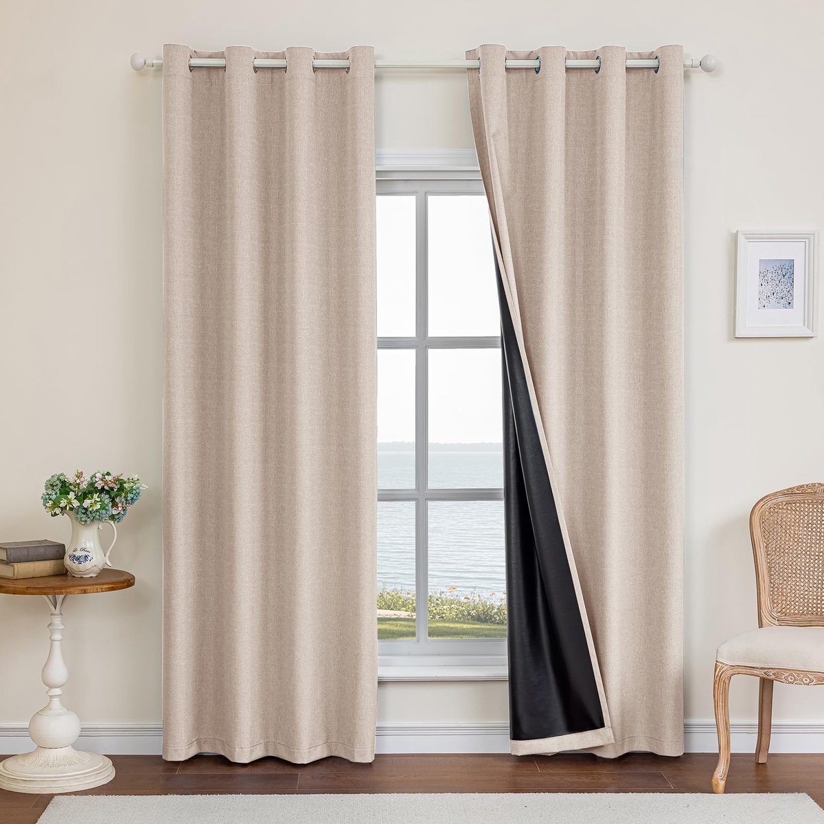 Gordijnen Set Van 2, 200x260cm, Ondoorzichtig Warmte-Isolerende Thermische Gordijnen Met Ringen, Geluidsbescherming, Voor Slaapkamer Woonkamer, Lichtbruin