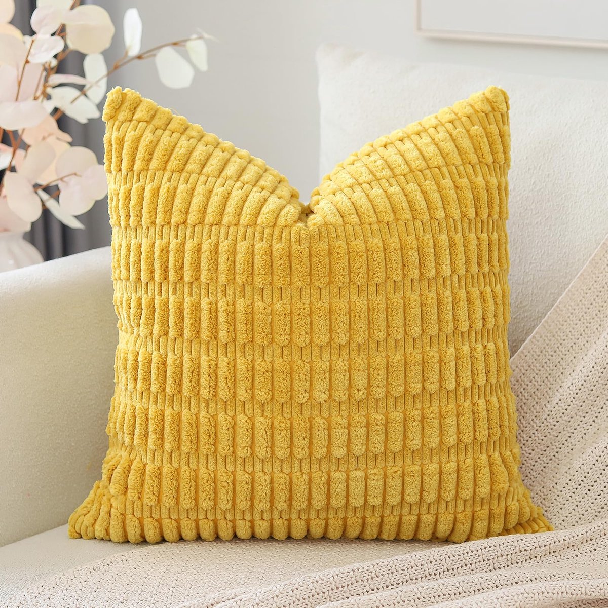 Corduroy Set van 1 kussenhoes 50x50 cm superzachte Boho gestreepte vierkante kussenhoes decoratief modern kussenhoes voor bank, slaapkamer, auto, decoratie mosterdgeel