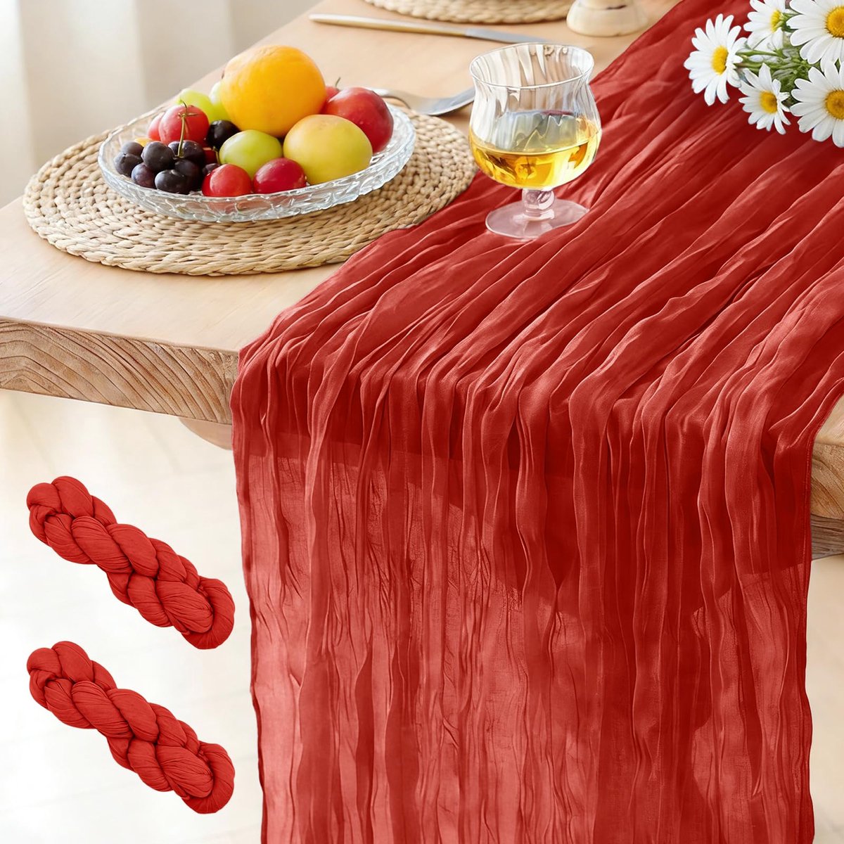 Tafelloper Rood, 300 x 90 CM Boho Gaas Tafelloper voor Bruiloften, Verjaardagsfeesten, Babyborrels, Vrijgezellenfeesten en Banketdecoraties