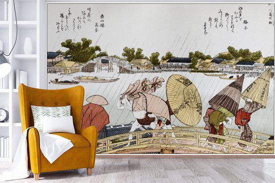Behang - Fotobehang Japanse illustratie Makura bridge van Katsushika Hokusai - Breedte 420 cm x hoogte 280 cm