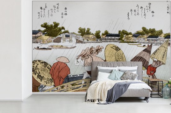 Behang - Fotobehang Japanse illustratie Makura bridge van Katsushika Hokusai - Breedte 420 cm x hoogte 280 cm