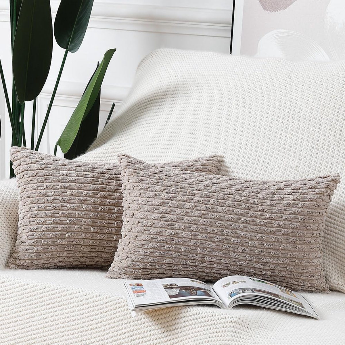 2-delige set Kussenhoezen - Boho Gestreept - Zacht Ribfluweel - Voor Slaapkamer en Bank - Taupe - 30 x 50 cm