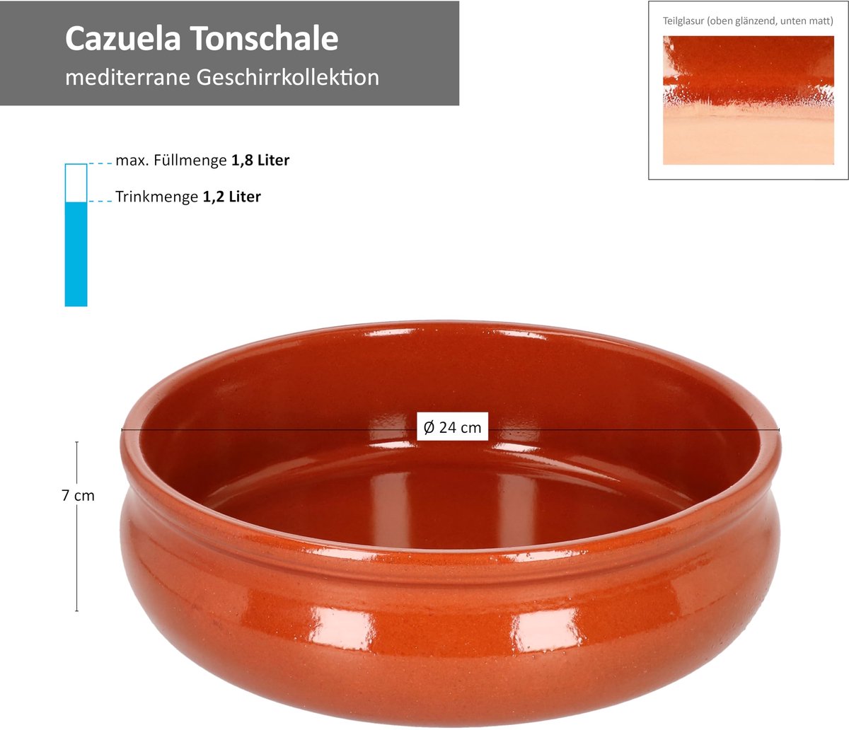 Cazuela Schaal Berlin buikig aardewerk I 2-delige set I Ø 24 cm I Maat XL I Mediterraan I Geglazuurd I Uniek handwerk I Antiek/Vintage I Middeleeuws I Viking