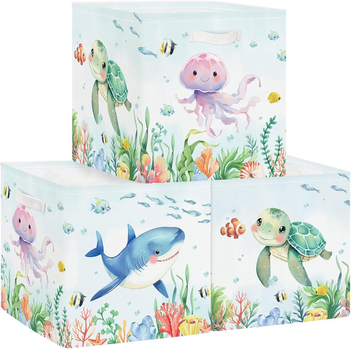 30 cm Opbergdoos 3 Stuks Zeedieren Opbergmand voor Kinderen Oceaan Haaien Schildpadden Opbergkubus met Handgrepen voor Slaapkamer Organizer voor Speelgoed Boeken Kleding, Kwallen