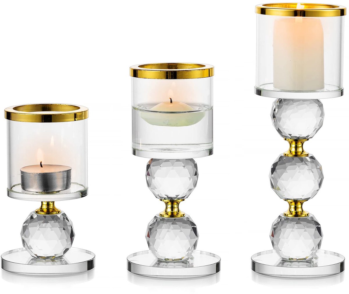 Crystal Pillar Candle Holder Set van 3, helderglazen kandelaarhouders Theelichtkandelaar Candlelight Dinner Table Centerpiece voor huwelijksgeschenken Schoorsteenhaard Decoratie, Goud