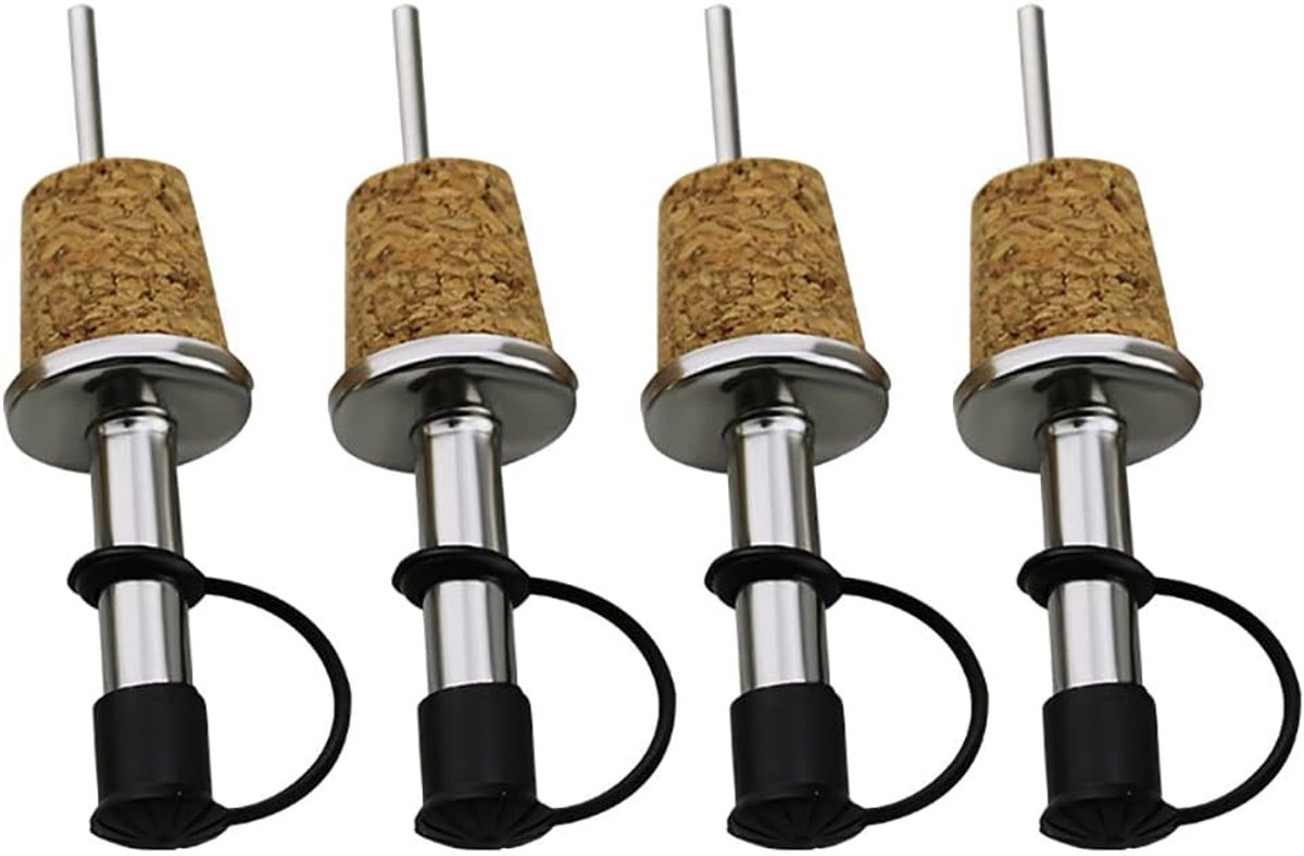 4 stuks fles gieter kurk, roestvrij staal olie fles spuiten azijn dispenser met doppen, rechte drank fles gieter voor wijn, siroop, drank
