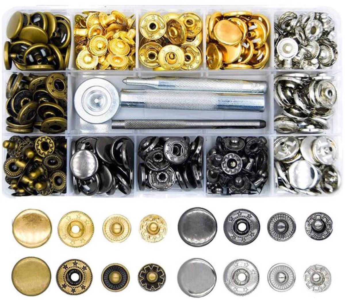 Snap fastener kit met lederen drukknoppen, 6 kleuren, 120 set