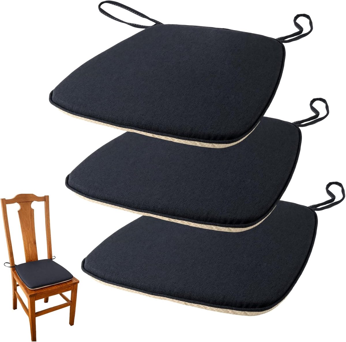 3 stuks antislip stoelkussens, zwart, 42 x 40 cm, kussen met ritssluiting en banden, wasbaar stoelkussen voor kantoor, eetkamer, keuken, woonkamer