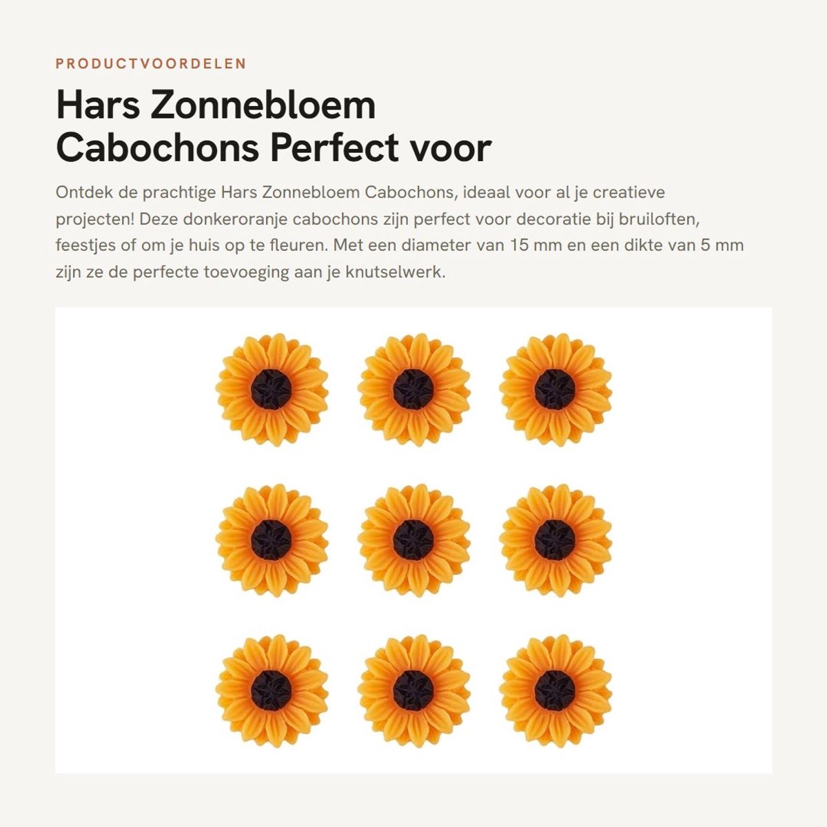Dailygoods- Cabochons 50 Stuks - Hars Zonnebloem Donker Oranje 15mm - Flatback Decor - DIY Sieraden - Veilig en Lichtgewicht - Geschikt voor Plakboek Versiering - Bloemdecoratie