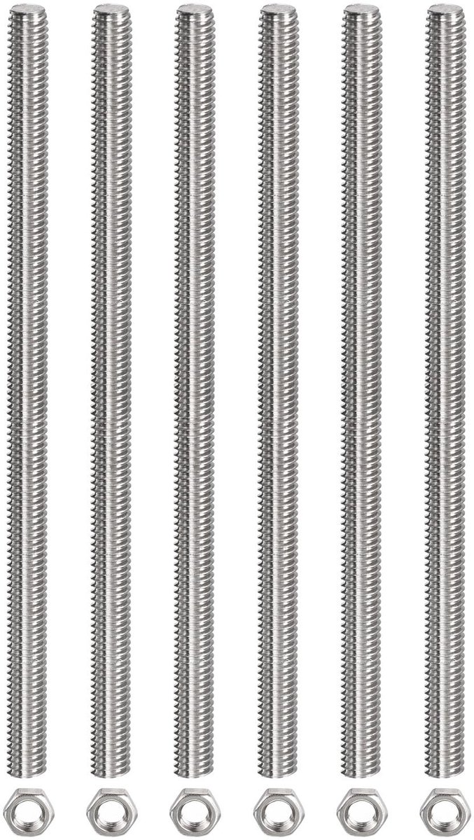 Dailygoods - Schroefdraadstang met 6 Zeskantmoeren van Roestvrij Staal M6 x 200 mm