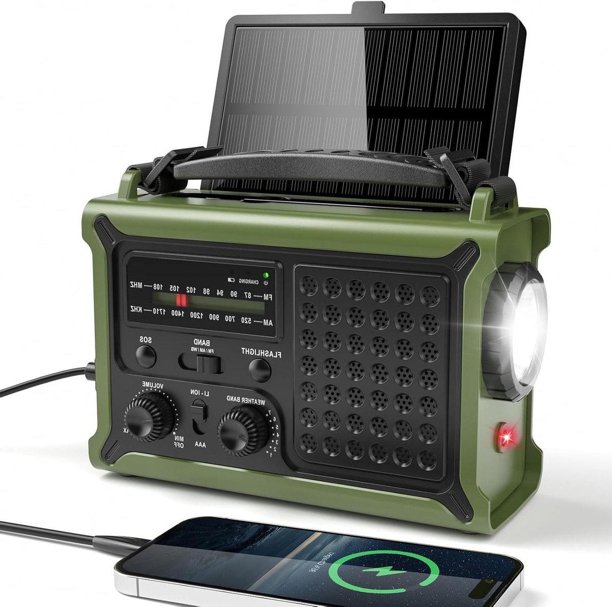 Noodradio - Draagbare Radio - Outdoor Activiteiten - 5 Stroombronnen - 12000 mAh - Groen