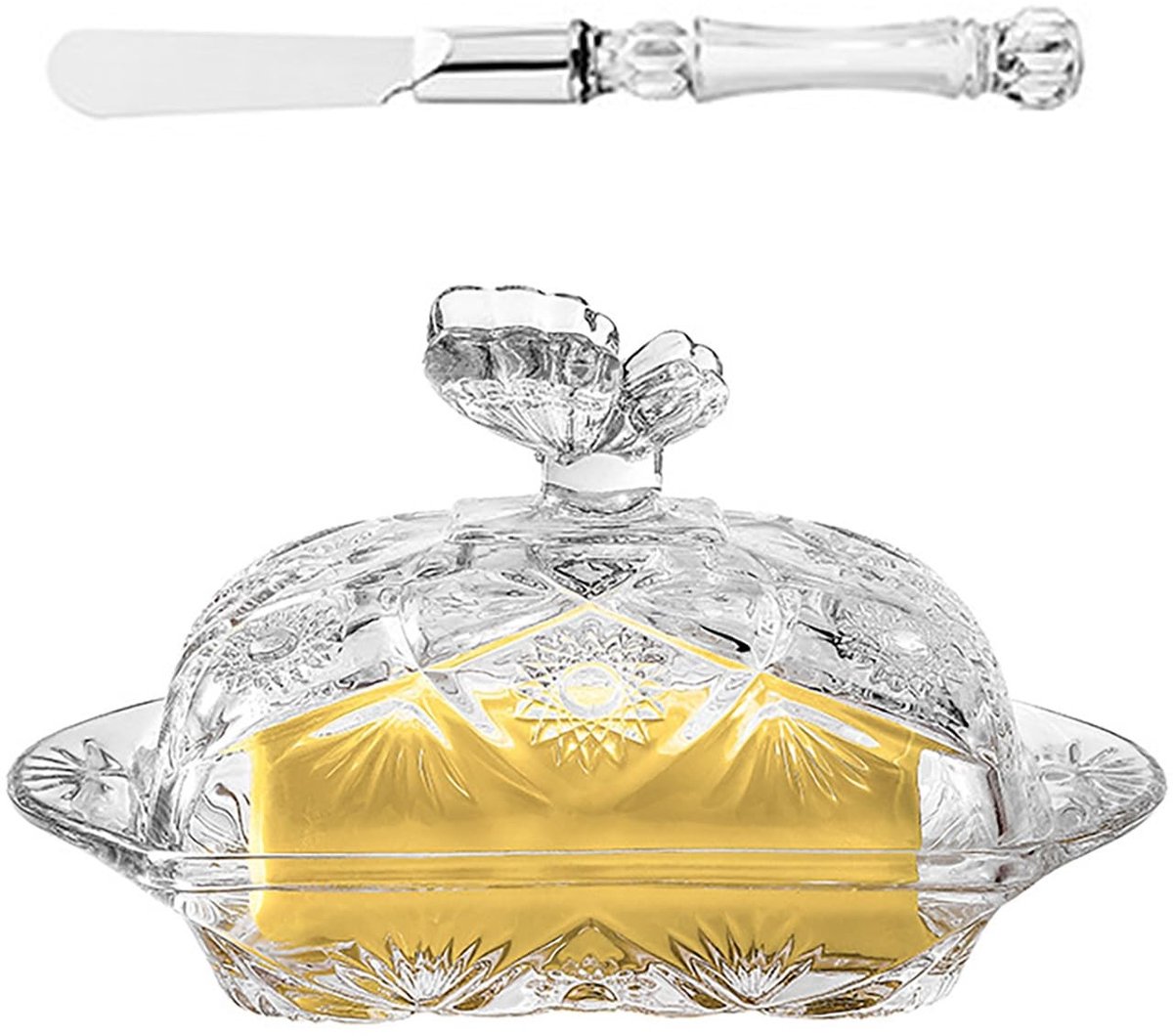 Dailygoods- Boterschaal Glazen - Deksel met Vlinderpatroon - Roestvrij Stalen Botermes - Vaatwasserveilig - Bewaart Smaak en Versheid - Decoratief Ontwerp - Boterdispenser