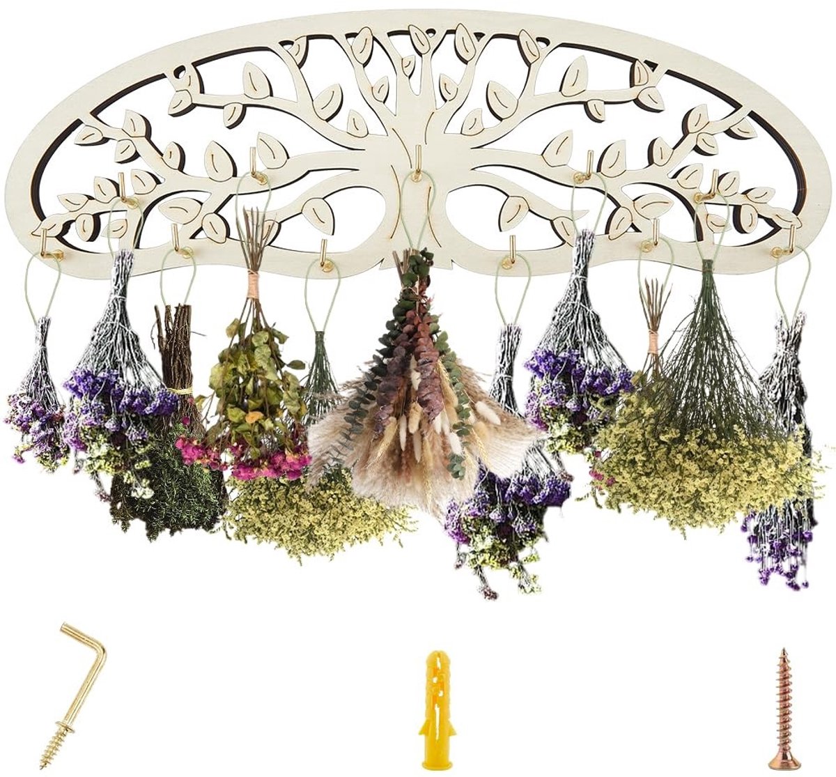 Dailygoods - Houten Kruiden Droogrek - Wandmontage met 11 Haken voor Droge Planten en Decoratie