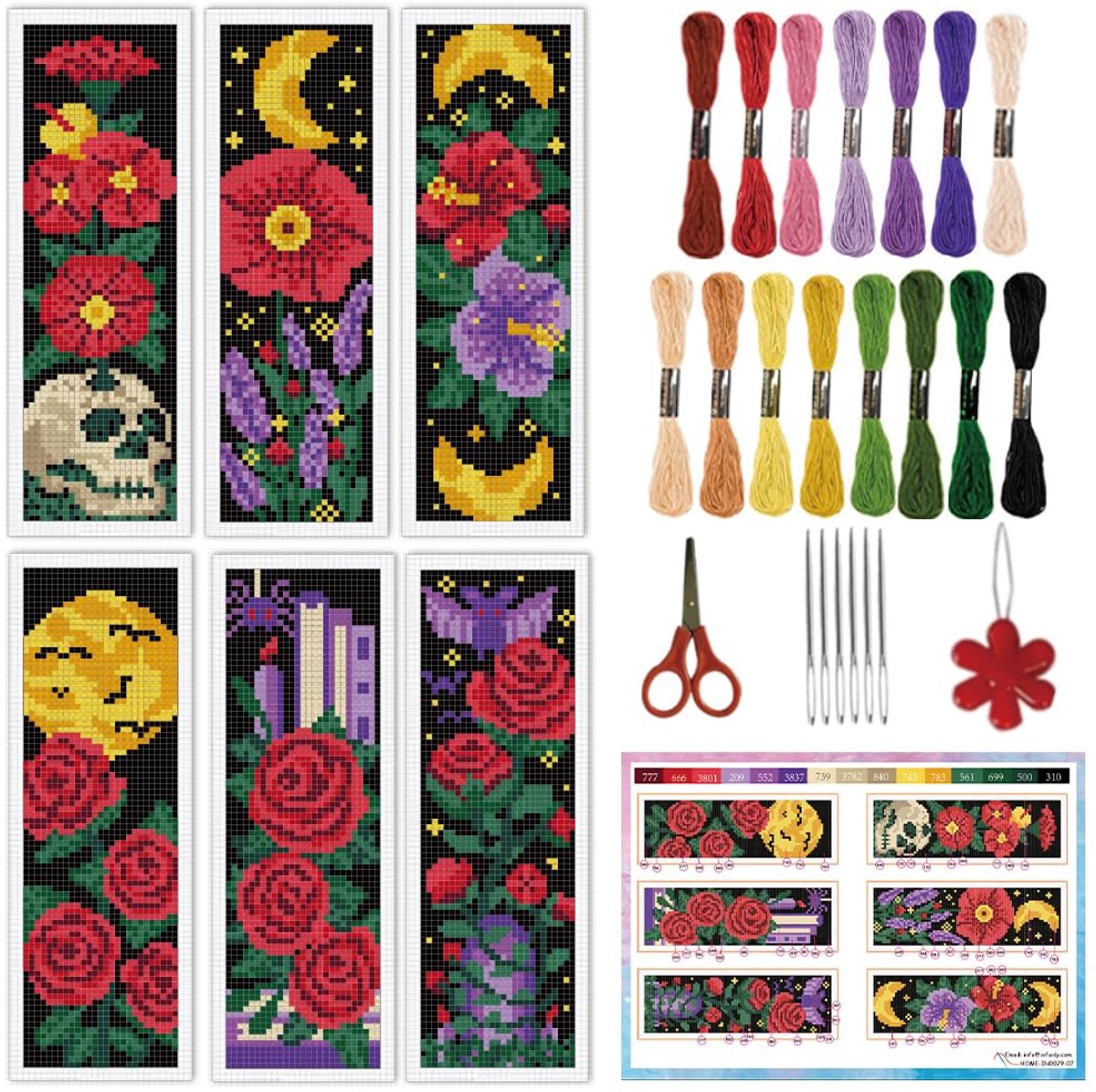 6 stuks gothic roos kruissteek bladwijzer kits voor volwassenen vleermuis schedel doe-het-zelf kruissteek kit met instructies voorbedrukte maan bloemen gestempeld borduurwerk bladwijzer kit