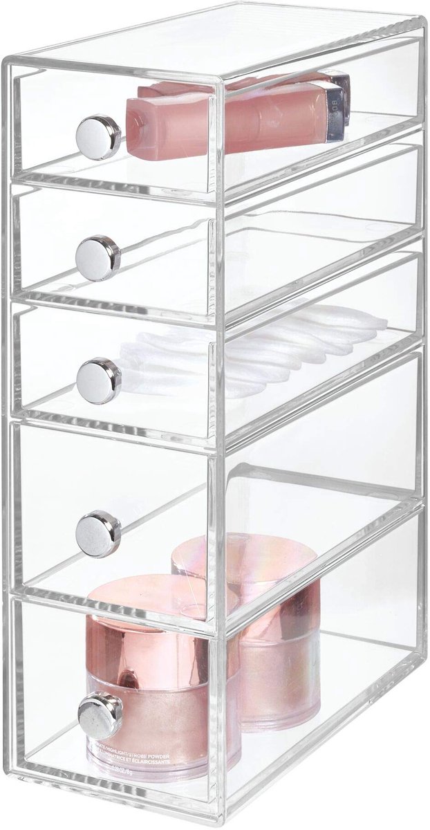 iDesign Clarity Plastic Cosmetische 5-lade Organizer, Sieraden Countertop Organisatie voor Vanity, Badkamer, Slaapkamer, Bureau, Kantoor, 3,2 ''x 7'' x 24,8 cm, Clear