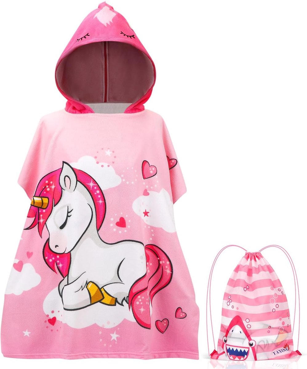 Strandlakens voor kinderen, eenhoorn, strandbadponcho, handdoek, badhanddoek, badhanddoek, zwembad, warme wrap met draagbare trekkoordzak voor meisjes