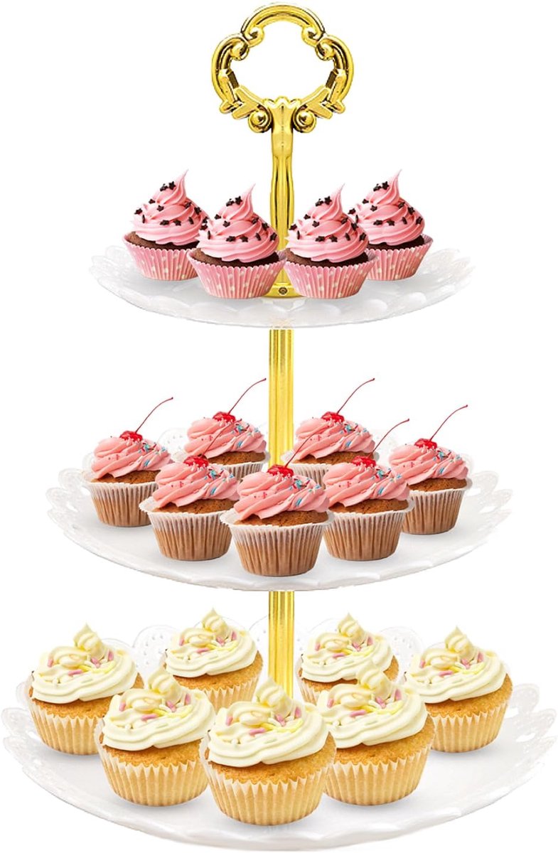 Cupcakestandaard met 3 etages, geschikt voor bruiloft, verjaardag, thee-party, decoratie (wit)