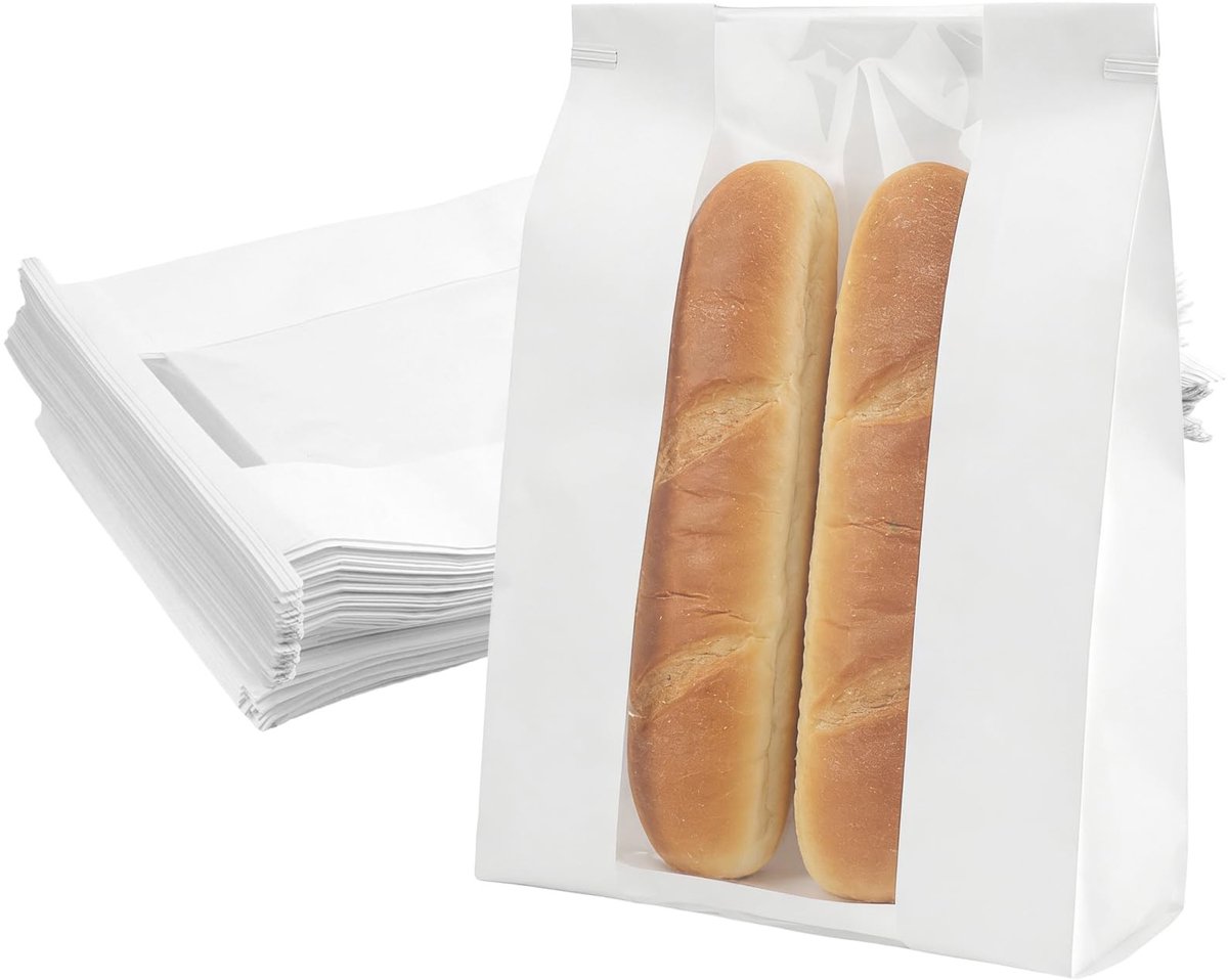 Dailygoods- Broodzakken 100 stuks - Papieren Zakken met Venster - Witte Broodzakken - Bakkerszakken - Robuust Papier - Afmetingen 35 x 21 x 9 cm
