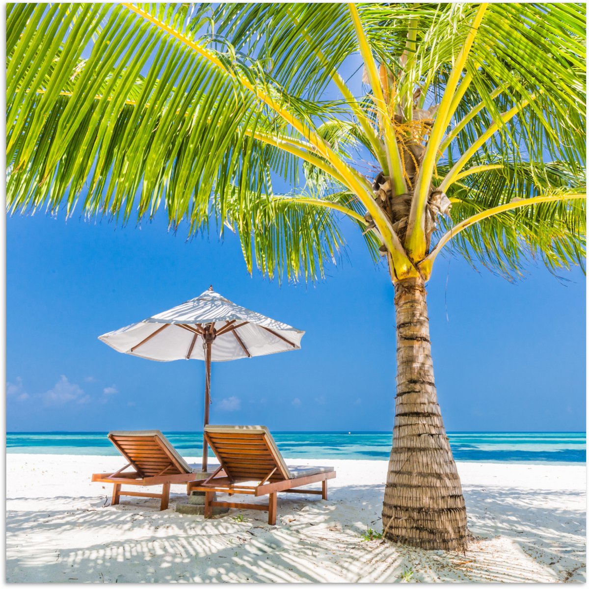 Poster 30x30 cm - Palmboom - Strandstoel - Parasol - Posters - Kamer decoratie - Wanddecor
